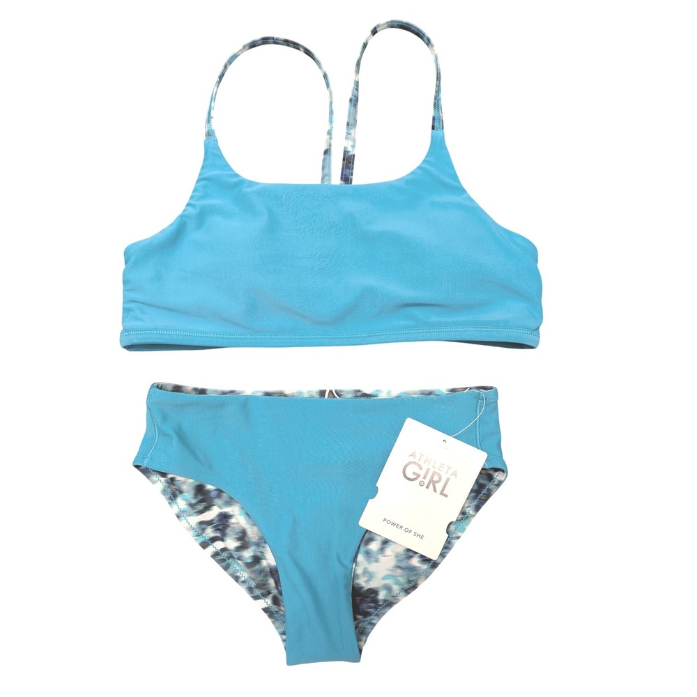 Athleta Girl Reversible Bikini Set Blue  Mid Rise Swim M 8-10  L 12-15 NEW